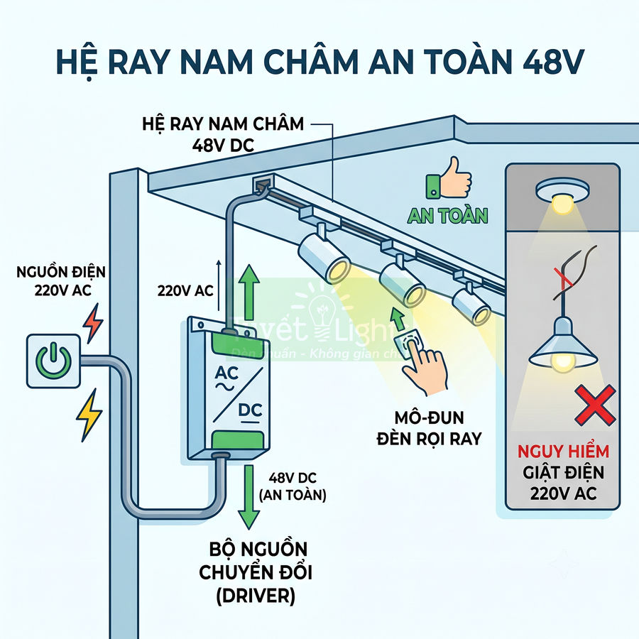 Hệ ray nam châm an toàn 48V với bộ nguồn chuyển đổi và mô đun đèn rọi ray gắn trần