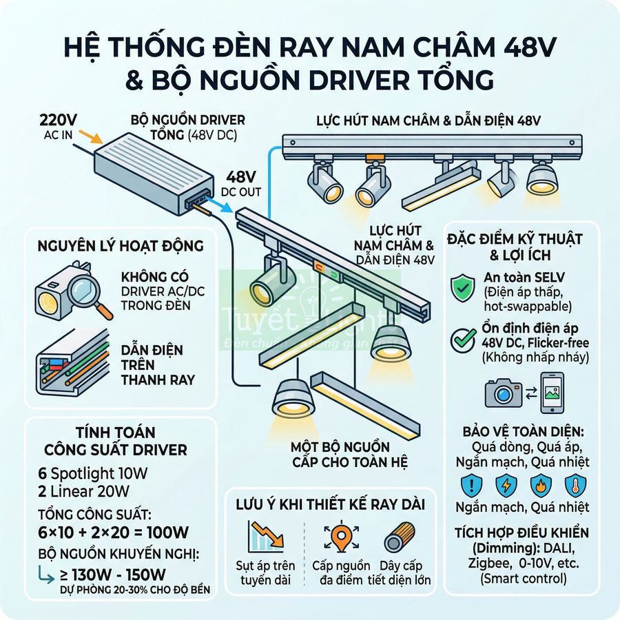 Hệ thống đèn ray nam châm 48V kèm bộ nguồn driver tổng và hướng dẫn tính công suất, lắp đặt an toàn