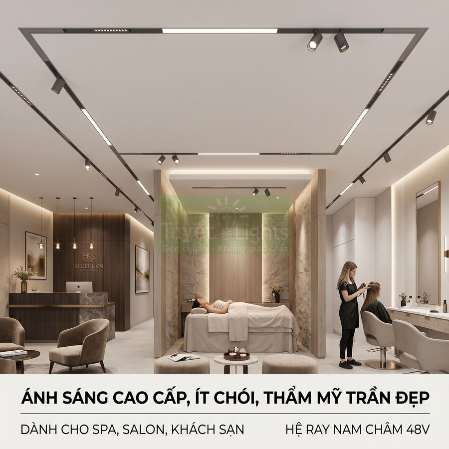 Đèn ray nam châm 48V chiếu sáng trần spa salon cao cấp, ánh sáng dịu ít chói, tôn nội thất sang trọng