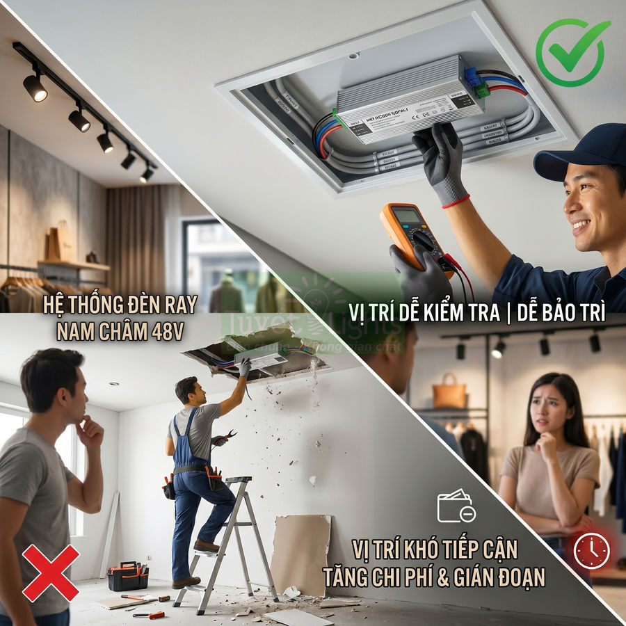 Hệ thống đèn ray nam châm 48V với bộ nguồn âm trần dễ kiểm tra bảo trì, so sánh vị trí lắp đặt thuận tiện và khó tiếp cận