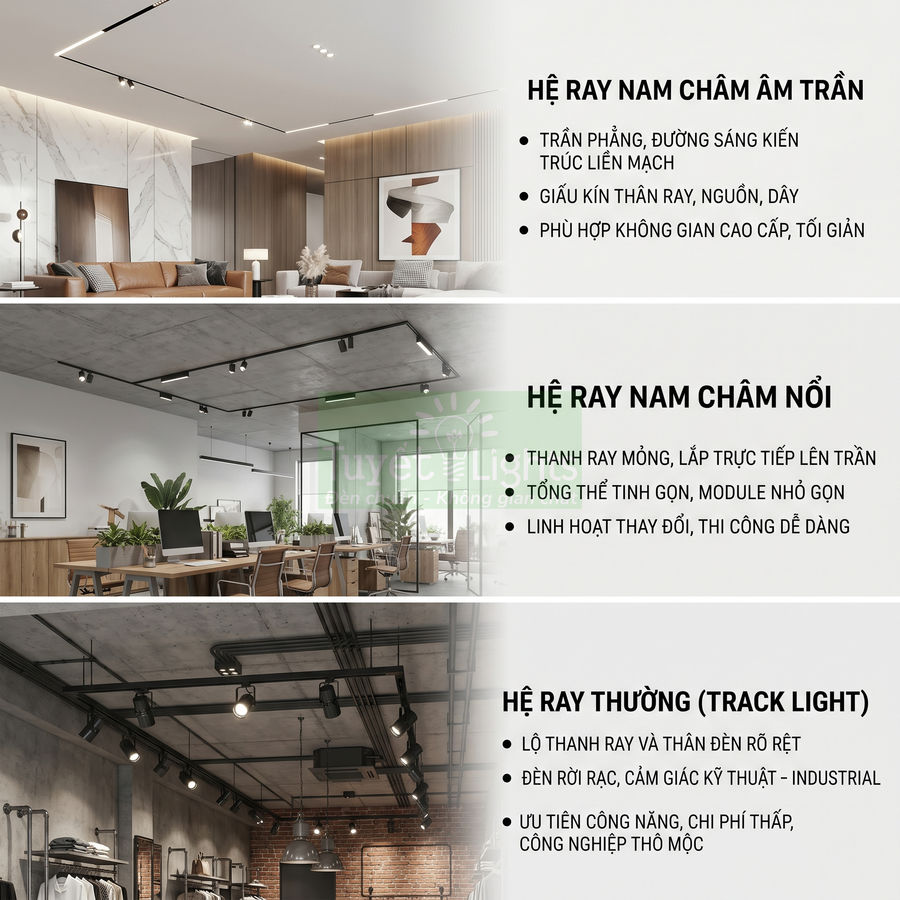 So sánh hệ ray đèn nam châm âm trần, nam châm nổi và ray thường trong thiết kế chiếu sáng nội thất