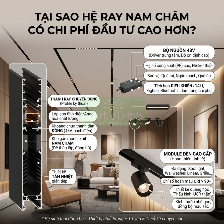 Hệ thống đèn ray nam châm cao cấp 48V cho phòng khách hiện đại, thanh ray nhôm đen và spotlight điều chỉnh hướng