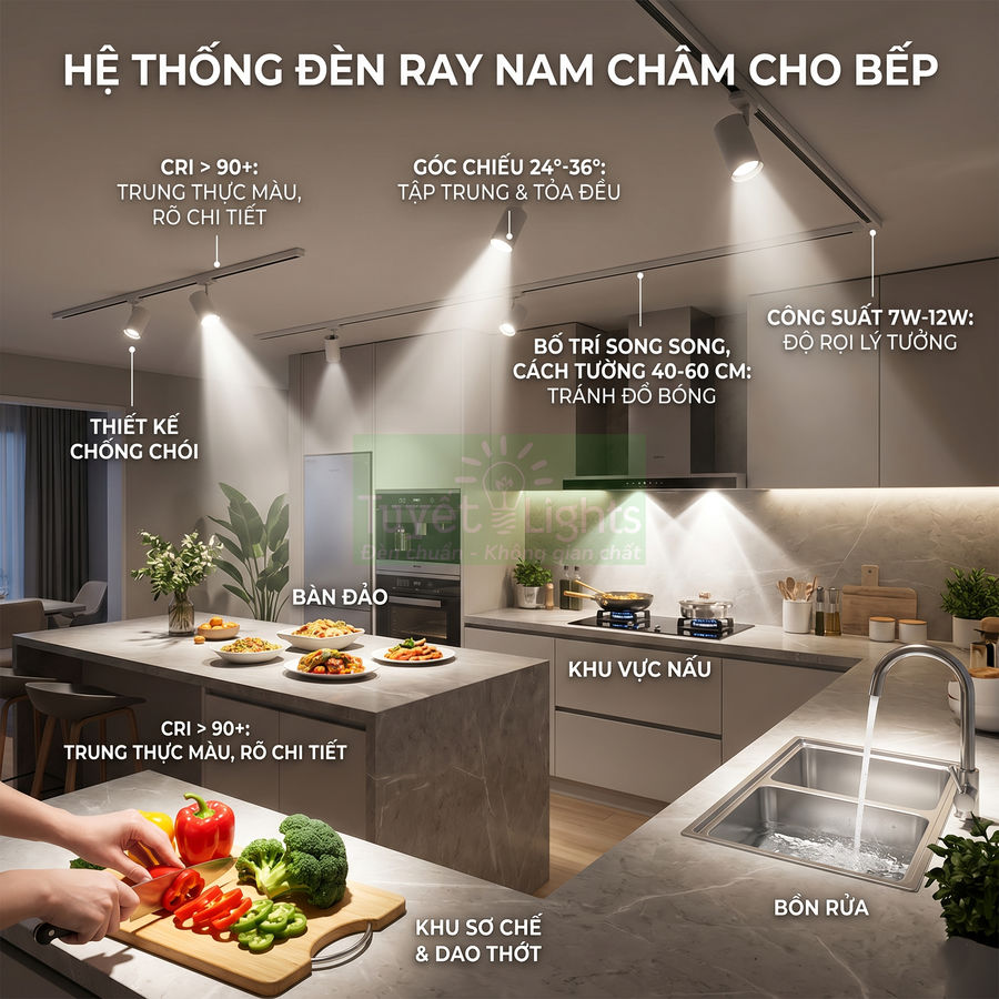 Hệ thống đèn ray nam châm chiếu sáng phòng bếp hiện đại với đảo bếp và khu sơ chế rau củ