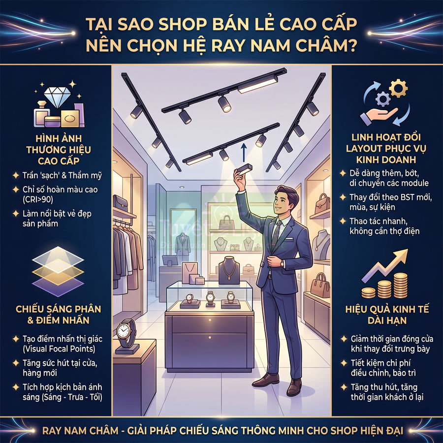 Hệ thống đèn ray nam châm chiếu sáng cao cấp cho shop bán lẻ thời trang và phụ kiện sang trọng
