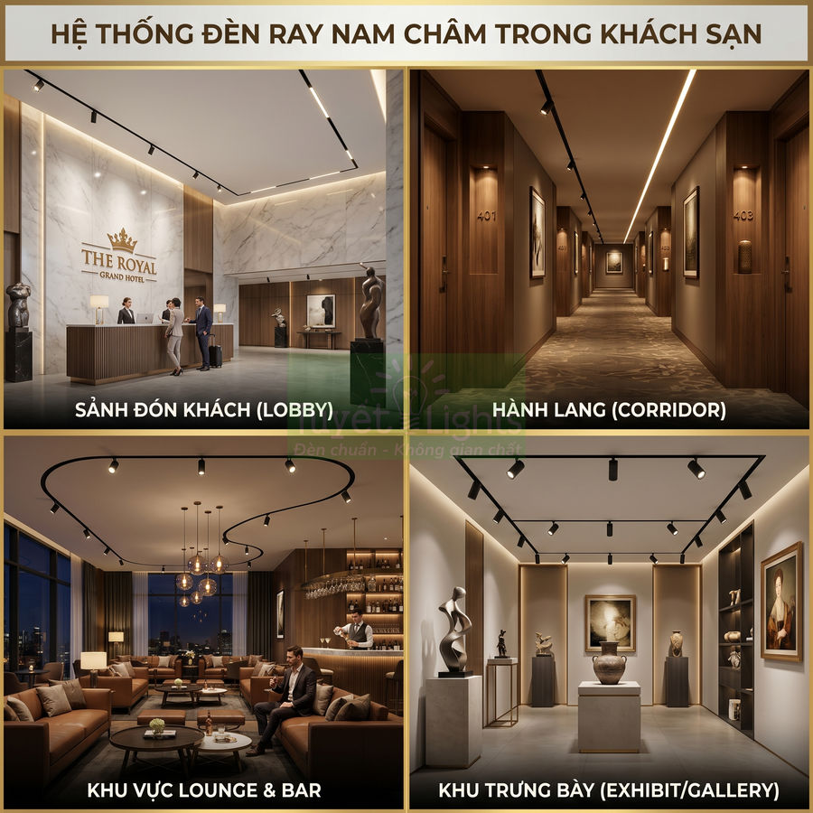 Hệ thống đèn ray nam châm chiếu sáng sảnh, hành lang, lounge bar và khu trưng bày trong khách sạn cao cấp