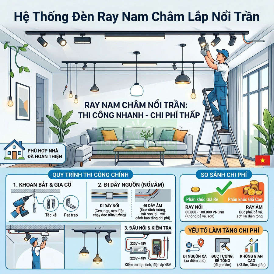 Hệ thống đèn ray nam châm lắp nổi trần phòng khách, thợ điện đang thi công lắp đặt chiếu sáng hiện đại