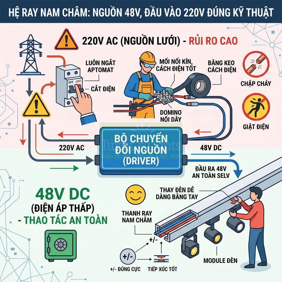 Sơ đồ hệ ray nam châm đèn LED dùng bộ chuyển đổi nguồn 220V AC sang 48V DC an toàn khi lắp đặt