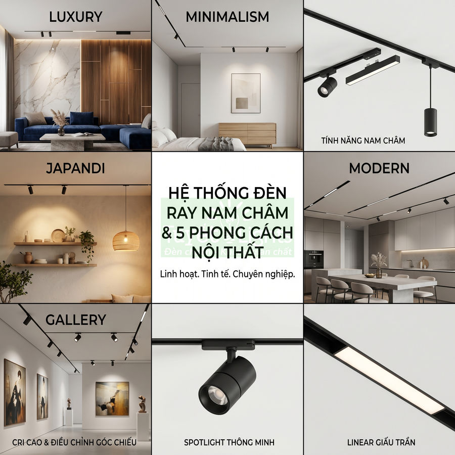 Hệ thống đèn ray nam châm trang trí nội thất nhiều phong cách, spotlight thông minh và linear giấu trần hiện đại