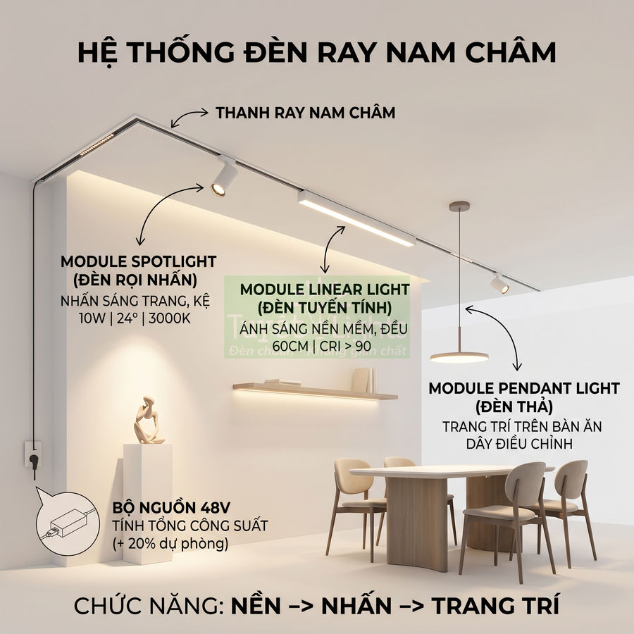 Hệ thống đèn ray nam châm với spotlight, linear light và đèn thả trang trí phòng ăn hiện đại