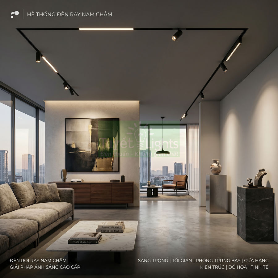 Hệ thống đèn ray nam châm chiếu sáng phòng khách hiện đại sang trọng với sofa và tranh treo tường