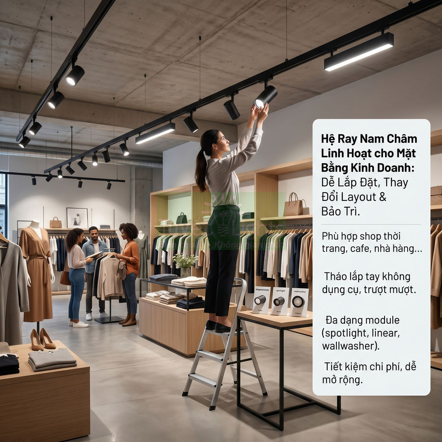 Hệ ray đèn nam châm lắp trần cho shop thời trang, nhân viên đứng thang thay module chiếu sáng