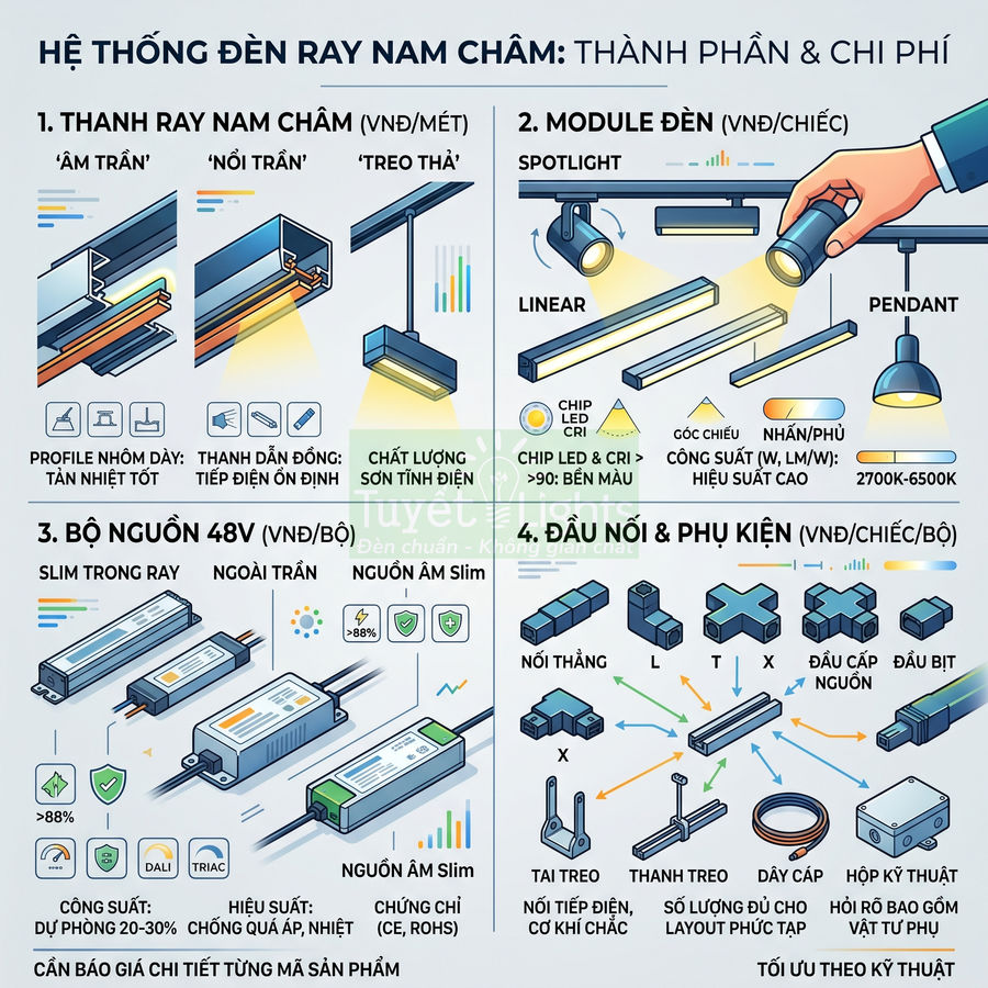 Infographic hệ thống đèn ray nam châm gồm thanh ray, module đèn, bộ nguồn 48V và phụ kiện lắp đặt