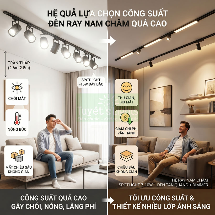 So sánh hệ thống đèn ray nam châm công suất cao và đèn ray nam châm tối ưu cho phòng khách hiện đại