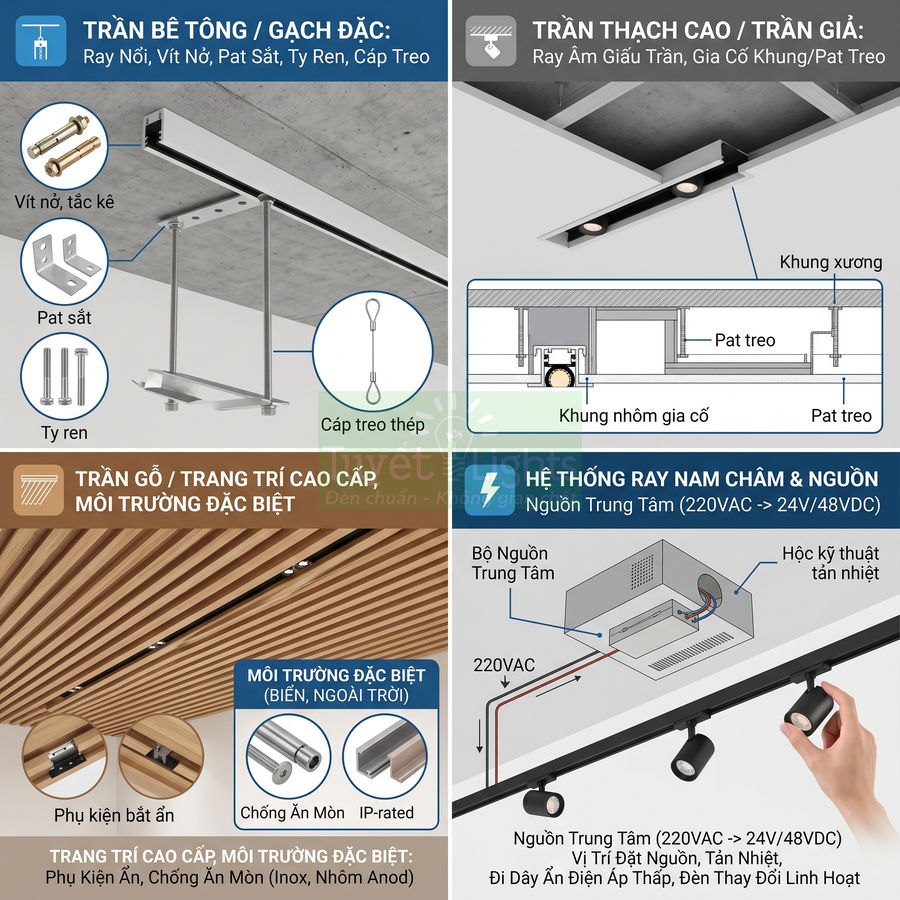 Hệ thống đèn ray nam châm âm trần cho trần bê tông, thạch cao, trần gỗ và môi trường ngoài trời