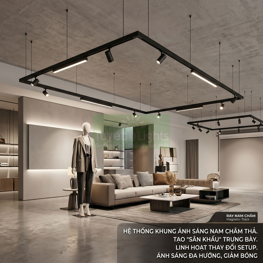 Hệ thống đèn ray nam châm thả trần chiếu sáng không gian phòng khách và showroom hiện đại