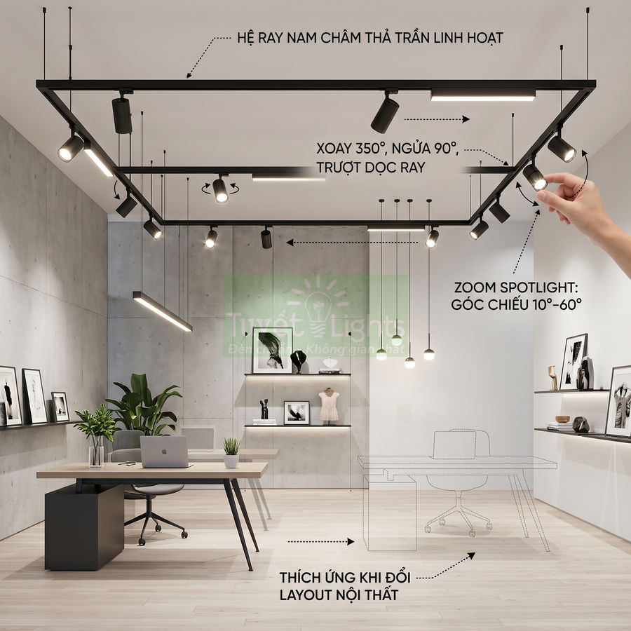 Hệ thống đèn ray nam châm Tuyết Lights chiếu sáng văn phòng hiện đại, dễ tùy chỉnh theo layout nội thất