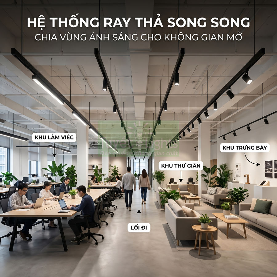 Hệ thống đèn ray thả song song chiếu sáng văn phòng không gian mở với khu làm việc, khu thư giãn và khu trưng bày