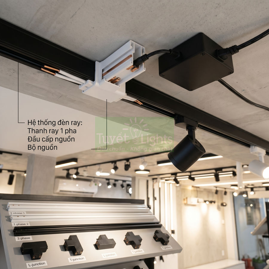 Hệ thống đèn ray 1 pha Tuyết Lights với đầu cấp nguồn và đèn rọi trưng bày trong showroom