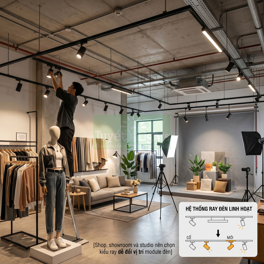 Hệ thống ray đèn rọi LED chiếu sáng showroom thời trang hiện đại với quần áo trưng bày