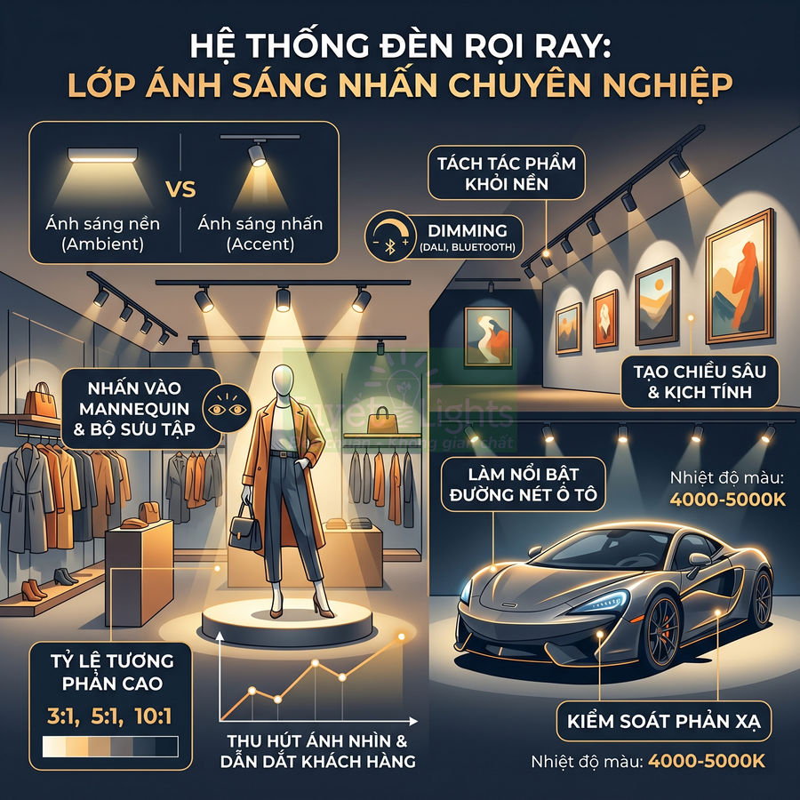 Hệ thống đèn rọi ray chiếu sáng nhấn cho cửa hàng thời trang, phòng trưng bày tranh và ô tô cao cấp