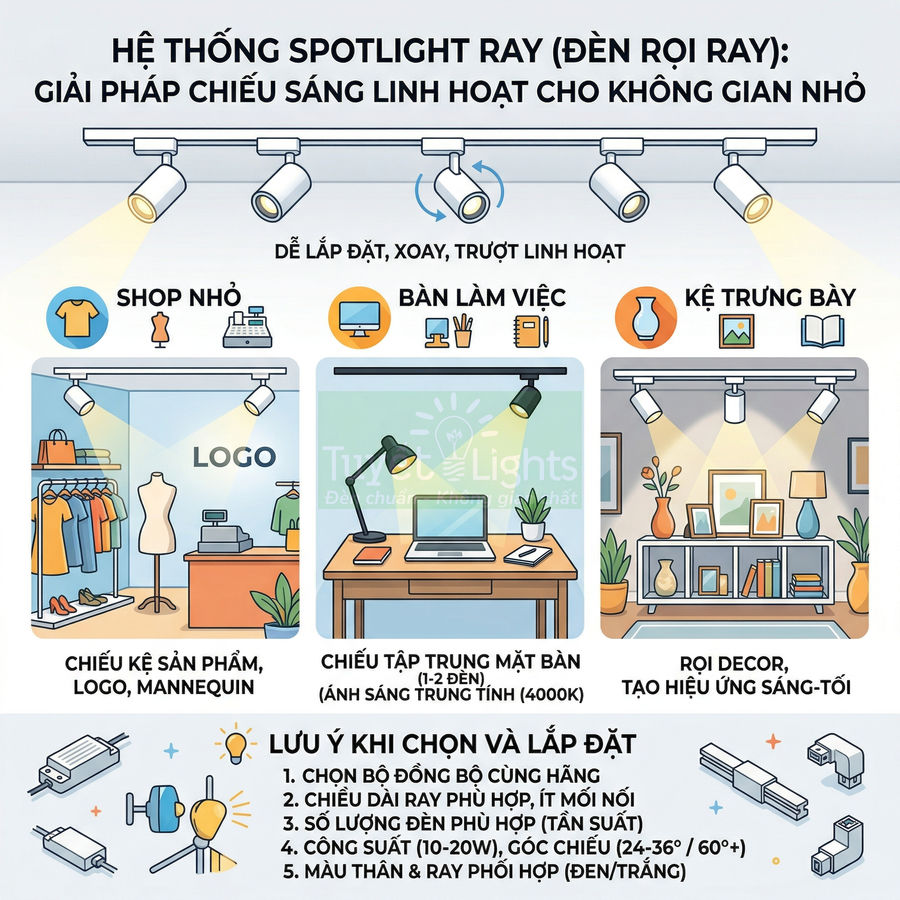 Hệ thống đèn rọi ray spotlight chiếu sáng linh hoạt cho shop nhỏ, bàn làm việc và kệ trưng bày