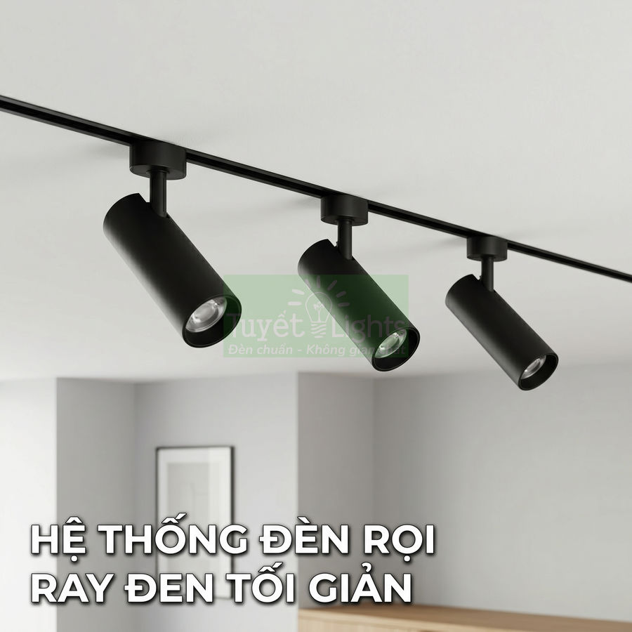 Hệ thống đèn rọi ray đen tối giản lắp trần cho phòng khách hiện đại