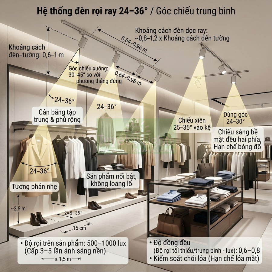 Hệ thống đèn rọi ray 24 36 độ chiếu sáng trung bình cho cửa hàng thời trang trưng bày quần áo và phụ kiện