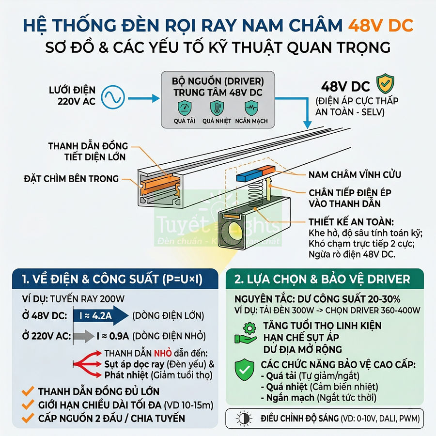 Sơ đồ hệ thống đèn rọi ray nam châm 48V DC với bộ nguồn driver trung tâm và thanh dẫn đồng