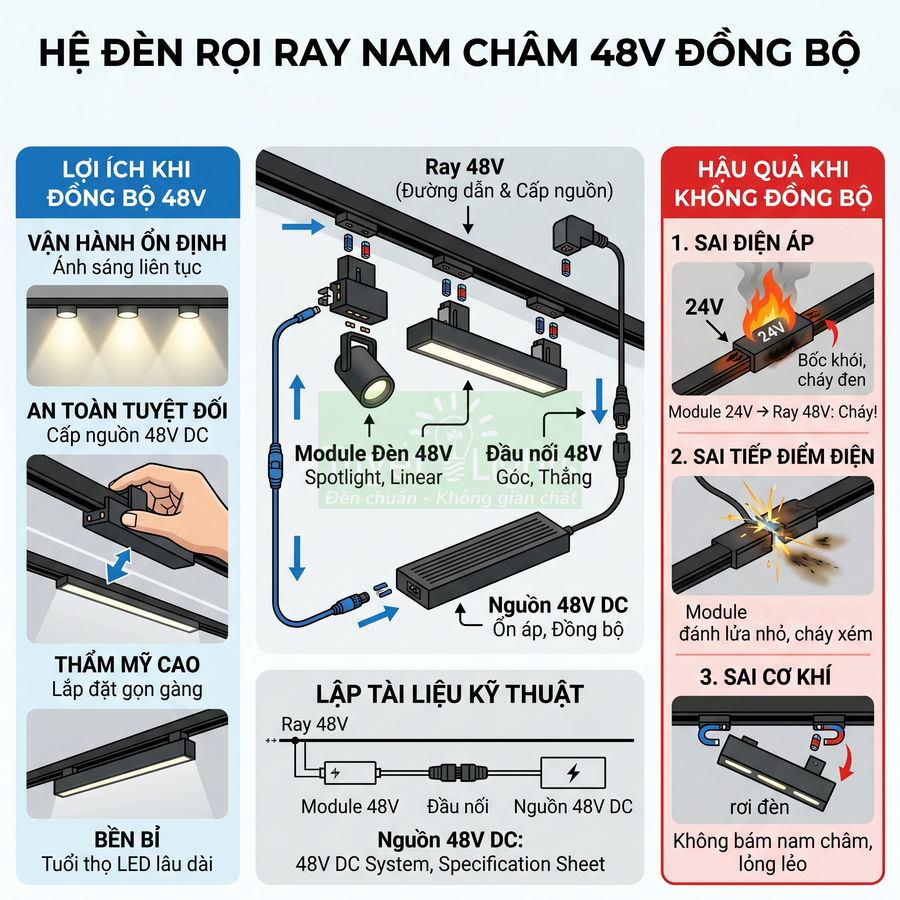 Sơ đồ hệ đèn rọi ray nam châm 48V đồng bộ với ray, module đèn, nguồn 48V DC và các lợi ích an toàn