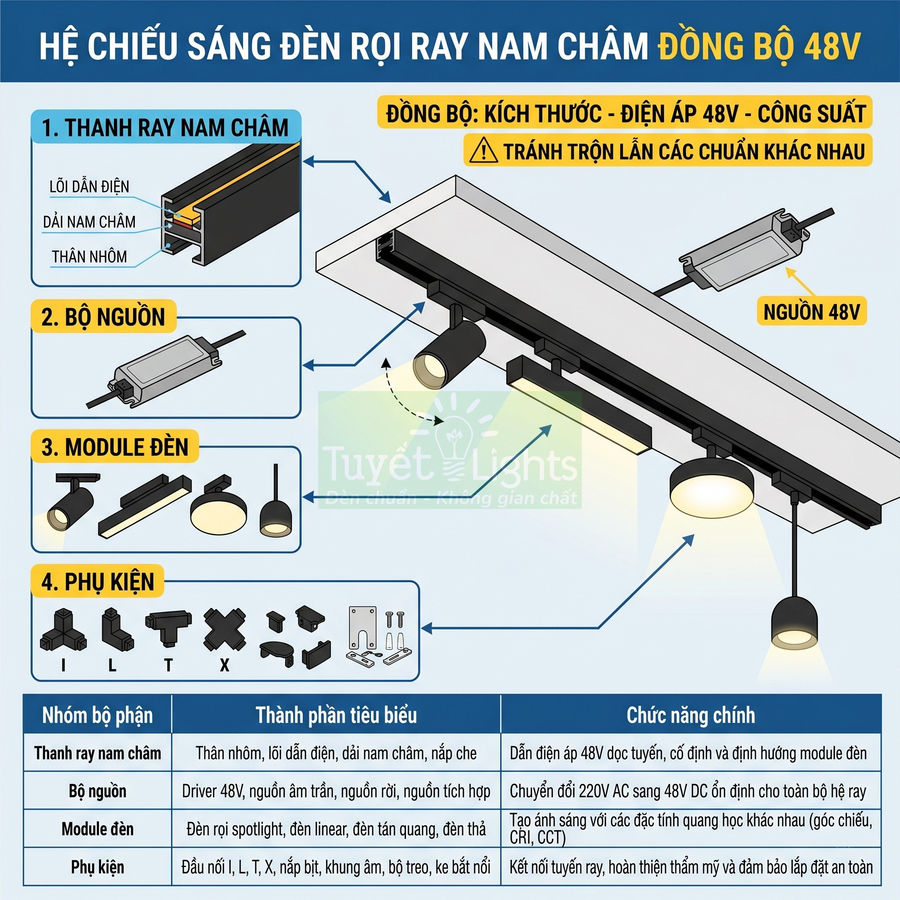 Hệ chiếu sáng đèn rọi ray nam châm 48V Tuyết Lights với thanh ray, bộ nguồn, module đèn và phụ kiện