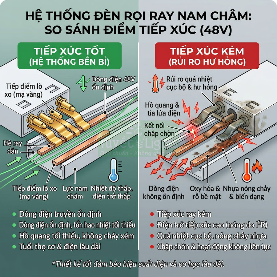 So sánh hệ thống đèn rọi ray nam châm 48V với điểm tiếp xúc tốt và điểm tiếp xúc kém