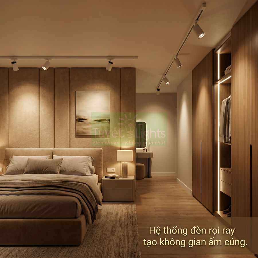 Hệ thống đèn rọi ray trần chiếu sáng phòng ngủ hiện đại tông nâu ấm cúng