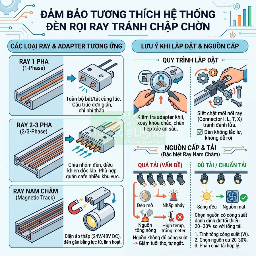 Hướng dẫn chọn ray đèn rọi và adapter tương thích, lưu ý lắp đặt và nguồn cấp tránh quá tải chập cháy