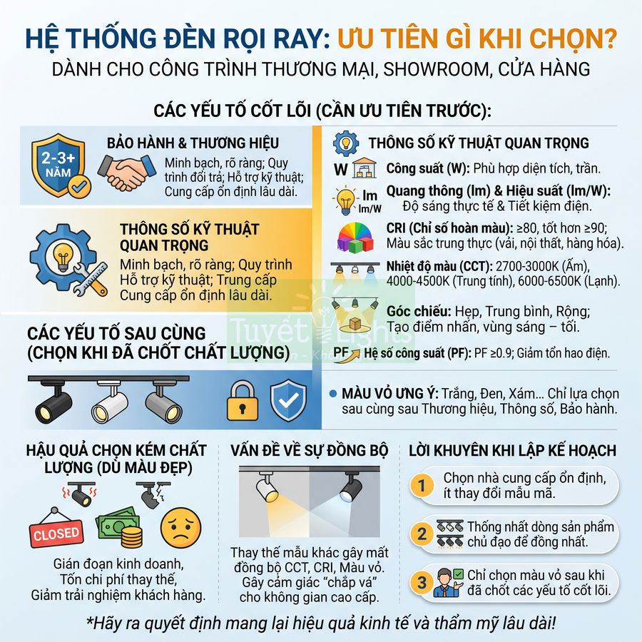 Infographic hướng dẫn chọn hệ thống đèn rọi ray cho công trình thương mại, showroom và cửa hàng