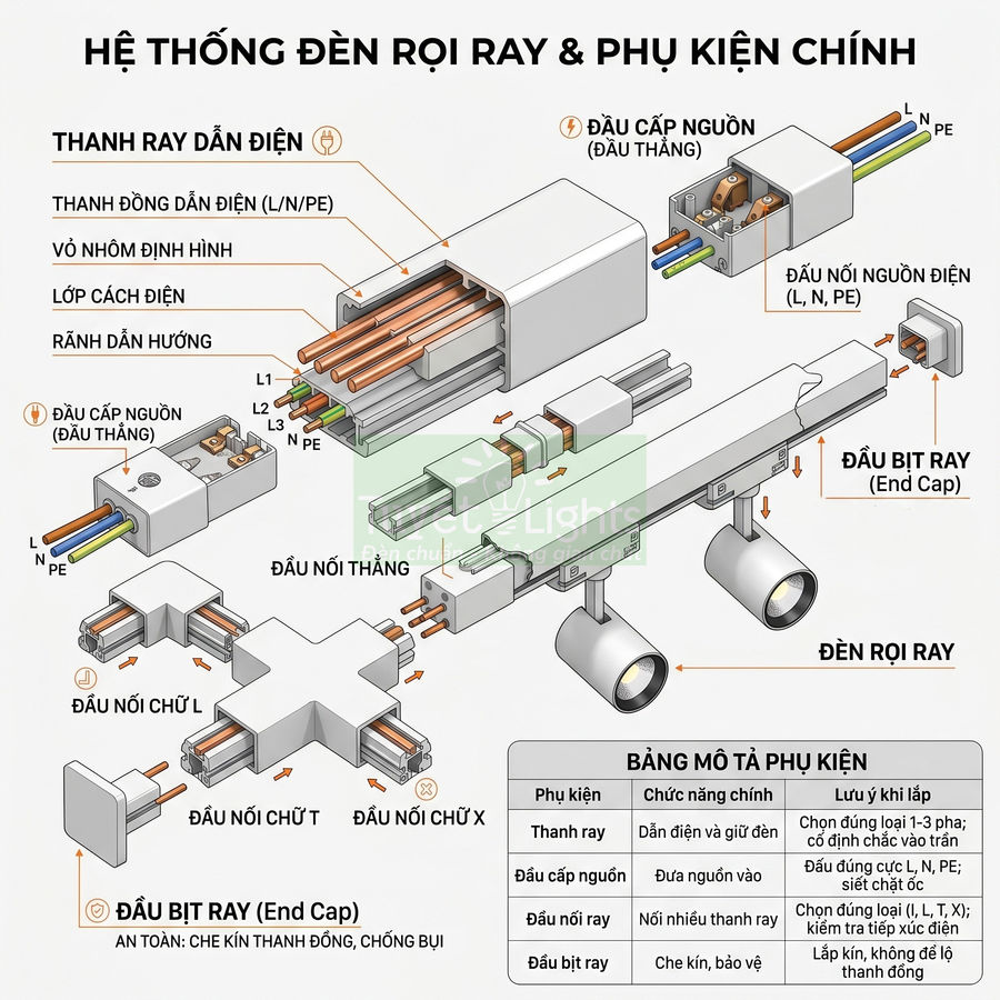 Cấu tạo hệ thống đèn rọi ray và các phụ kiện thanh ray dẫn điện chi tiết