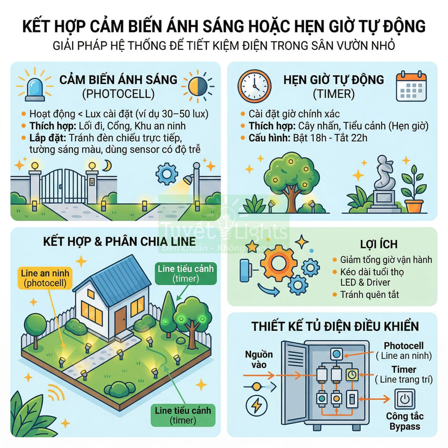 Sơ đồ hệ thống đèn sân vườn dùng cảm biến ánh sáng và hẹn giờ tự động tiết kiệm điện