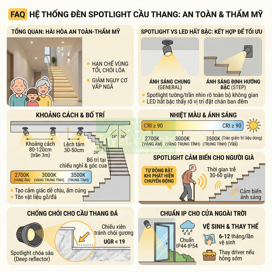 Infographic hệ thống đèn spotlight cầu thang an toàn thẩm mỹ, hướng dẫn bố trí, nhiệt màu và cảm biến cho người già