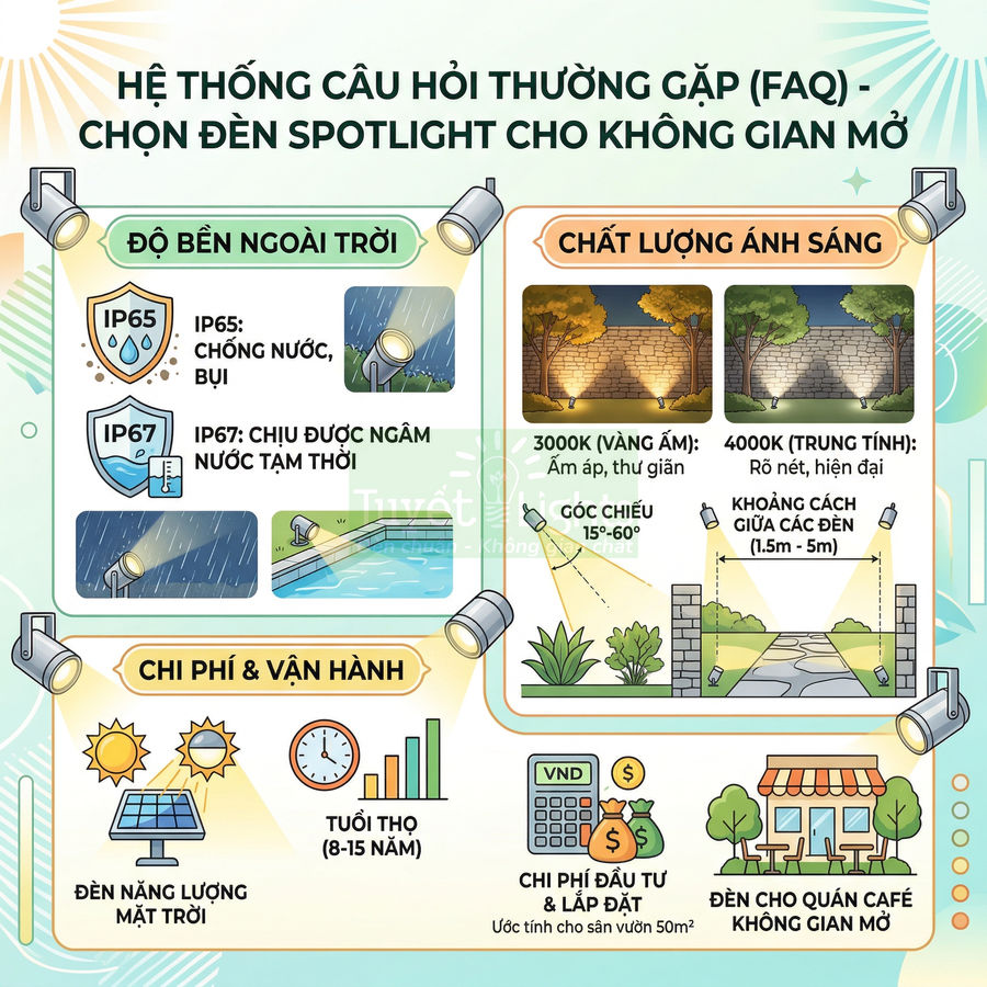 Infographic hướng dẫn chọn đèn spotlight ngoài trời: độ bền IP65 IP67, chất lượng ánh sáng, chi phí và ứng dụng quán cafe