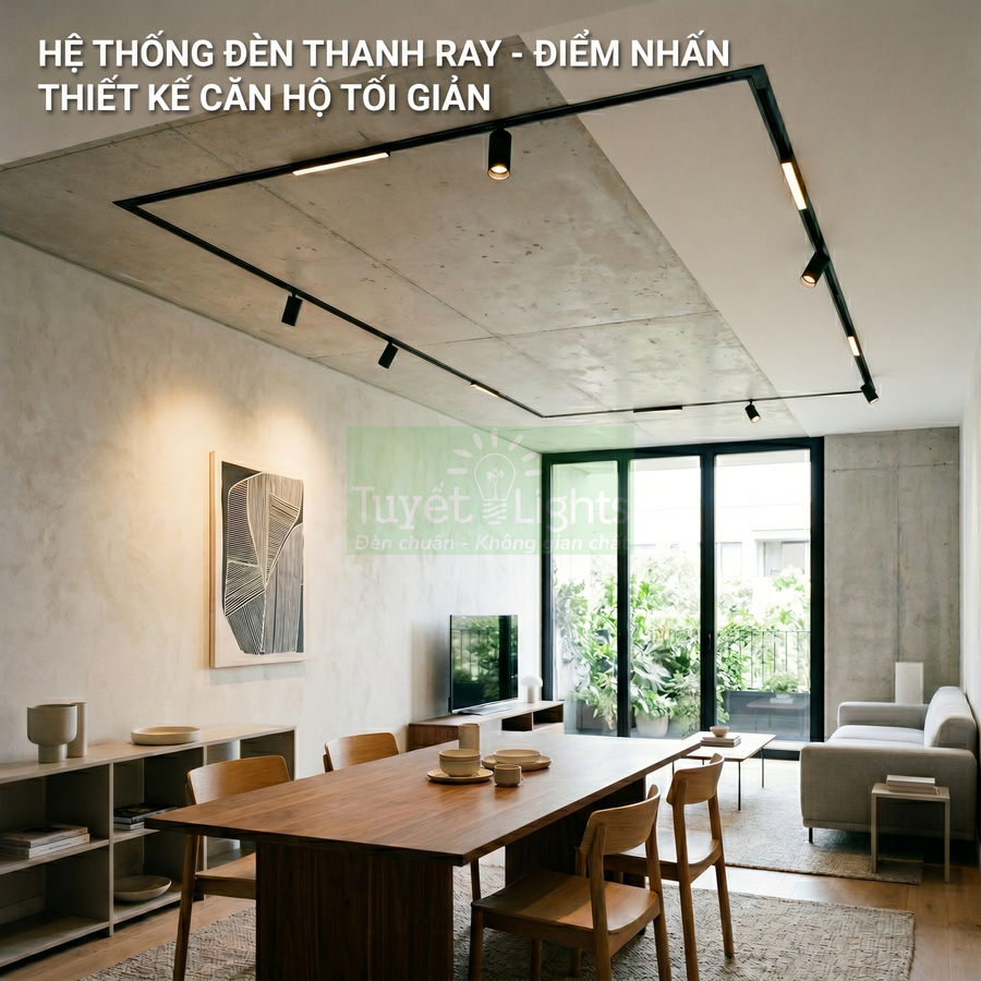 Đèn thanh ray Tuyết Lights lắp trần cho phòng khách tối giản với bàn ăn gỗ và sofa sáng màu