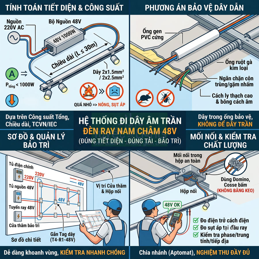 Hệ thống đi dây âm trần cho đèn ray nam châm 48V với sơ đồ lắp đặt, bảo vệ dây dẫn và kiểm tra an toàn