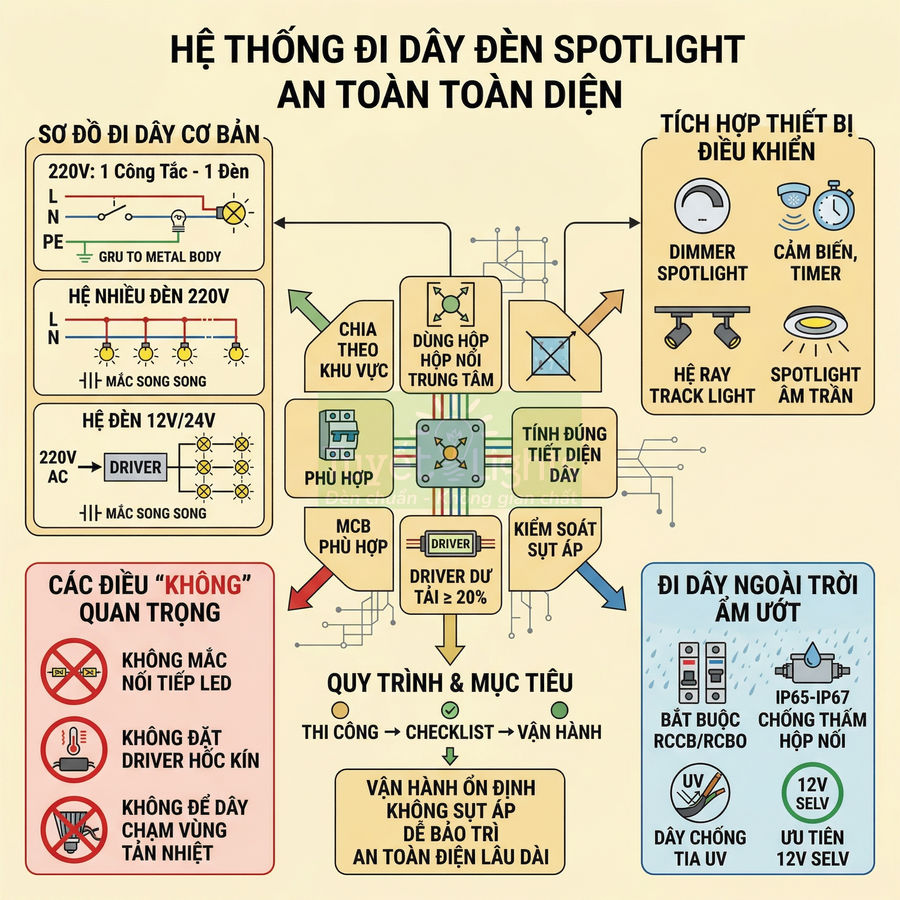 Cách đi dây đèn spotlight an toàn