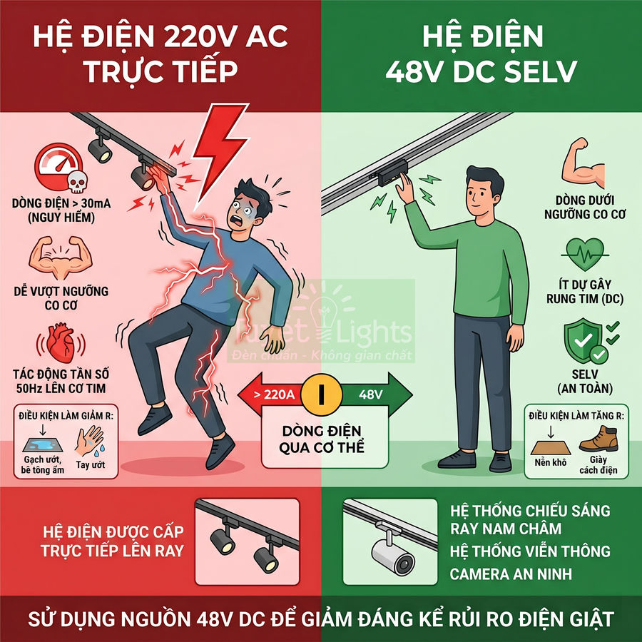 So sánh an toàn hệ điện 220V AC và hệ điện 48V DC SELV cho đèn ray chiếu sáng, khuyến nghị dùng 48V giảm rủi ro giật điện