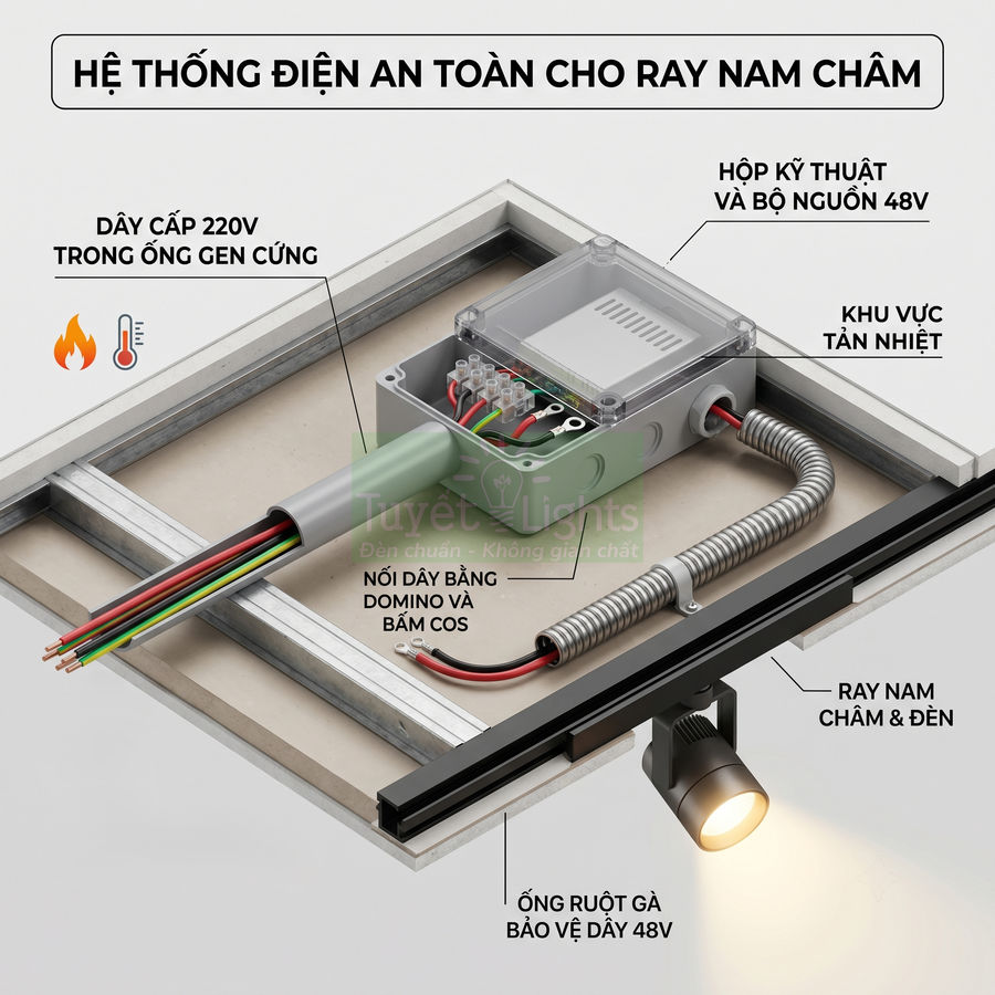 Hệ thống điện an toàn cho ray nam châm đèn chiếu sáng với hộp kỹ thuật và dây cáp bảo vệ