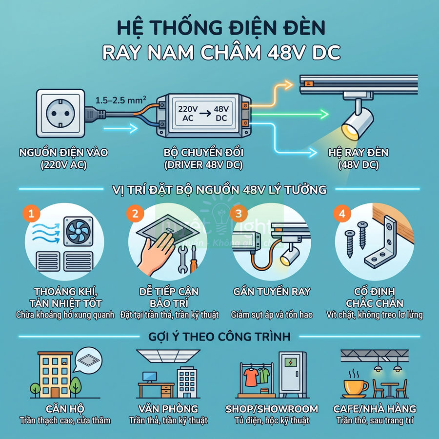Sơ đồ hệ thống điện đèn ray nam châm 48V DC với bộ chuyển đổi nguồn và gợi ý vị trí lắp đặt
