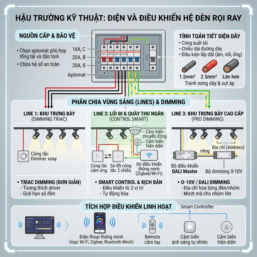 Sơ đồ hệ thống điện và điều khiển dimming cho đèn rọi ray trong cửa hàng, tích hợp cảm biến và điều khiển thông minh