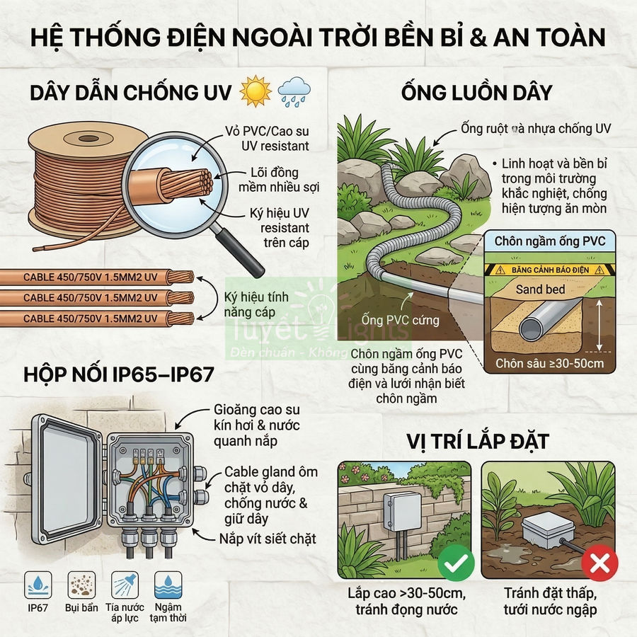 Hệ thống điện ngoài trời chống nước với dây dẫn chống tia UV, ống luồn dây PVC chôn ngầm và hộp nối điện IP65 IP67