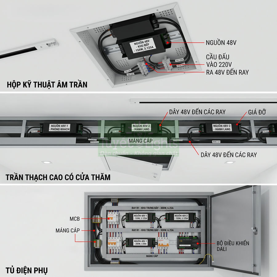Hệ thống nguồn 48V âm trần và tủ điện phụ cho đèn ray chiếu sáng trần thạch cao có cửa thăm