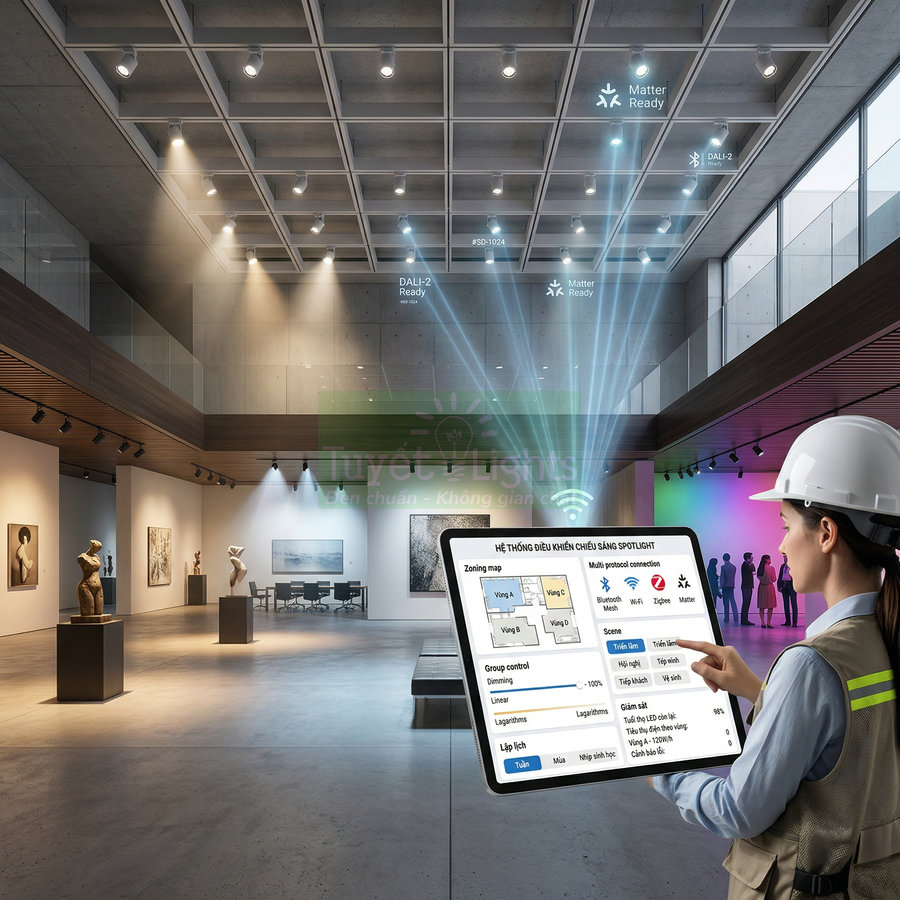 Hệ thống điều khiển đèn spotlight thông minh trong bảo tàng, kỹ sư dùng máy tính bảng điều chỉnh chiếu sáng