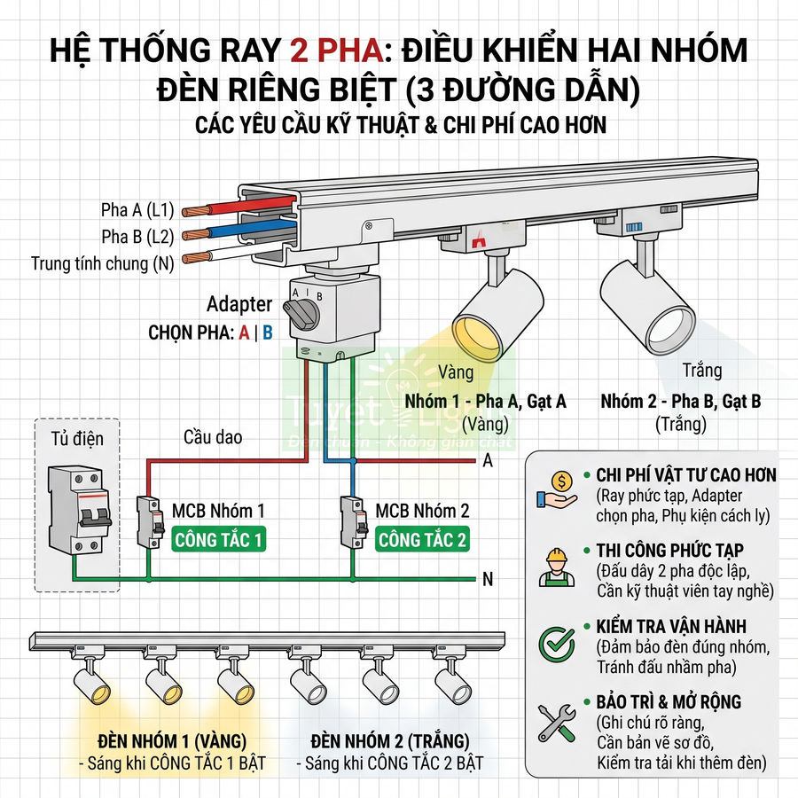 Sơ đồ hệ thống ray đèn 2 pha điều khiển riêng hai nhóm đèn rọi vàng và trắng trong tủ điện