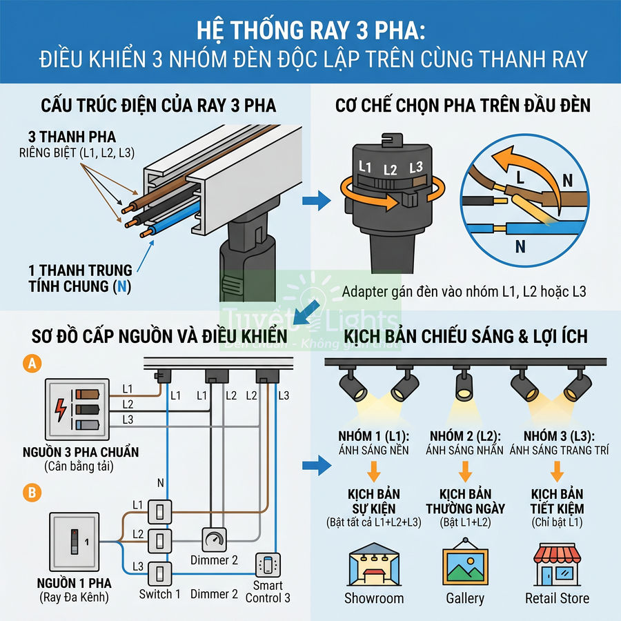 Sơ đồ hệ thống ray 3 pha điều khiển ba nhóm đèn rọi độc lập cho showroom, gallery và cửa hàng